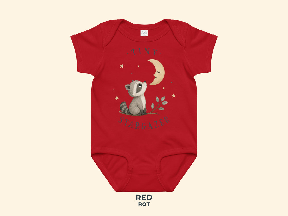 Tiny Stargazer Raccoon Baby Bodysuit in Red