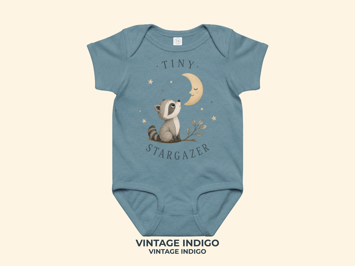 Tiny Stargazer Raccoon Baby Bodysuit in Vintage Indigo