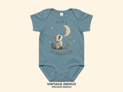 Tiny Stargazer Raccoon Baby Bodysuit in Vintage Indigo