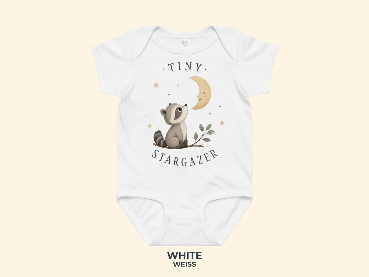 Tiny Stargazer Raccoon Baby Bodysuit in White