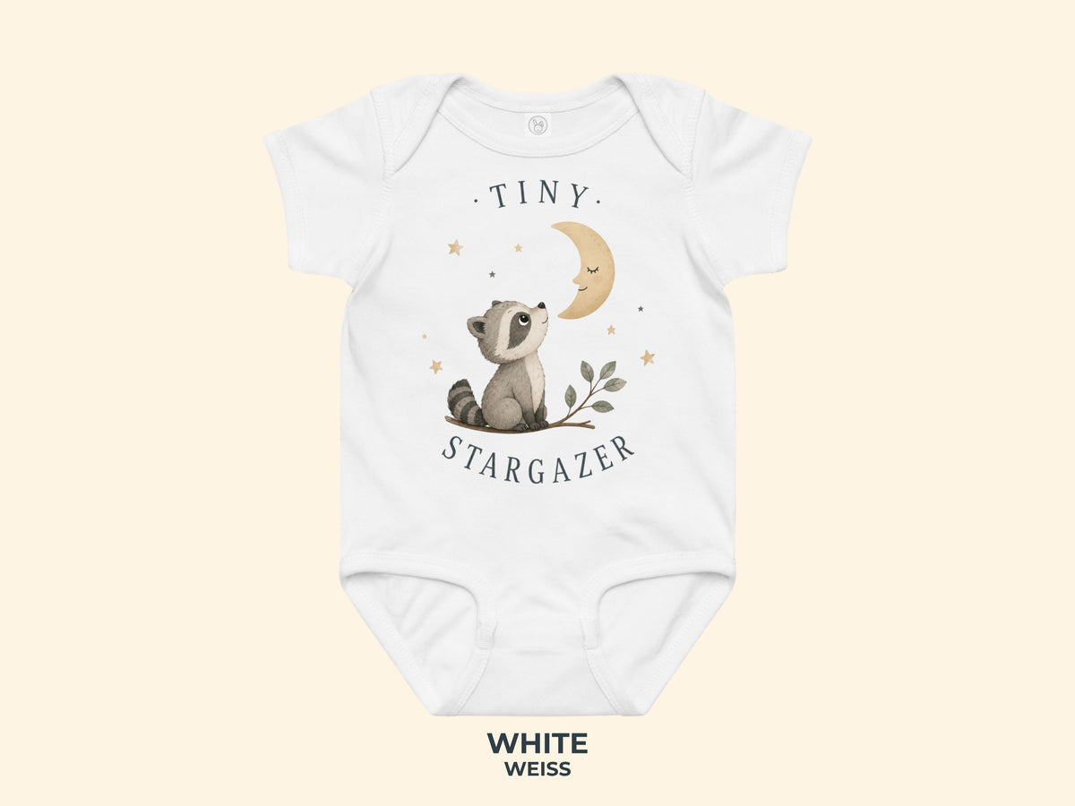 Tiny Stargazer Raccoon Baby Bodysuit in White
