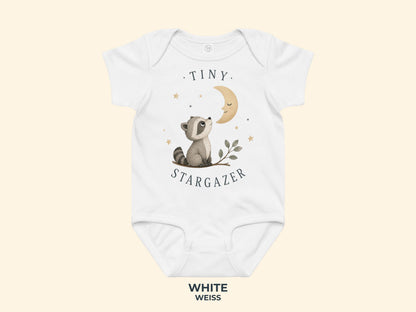 Tiny Stargazer Raccoon Baby Bodysuit in White