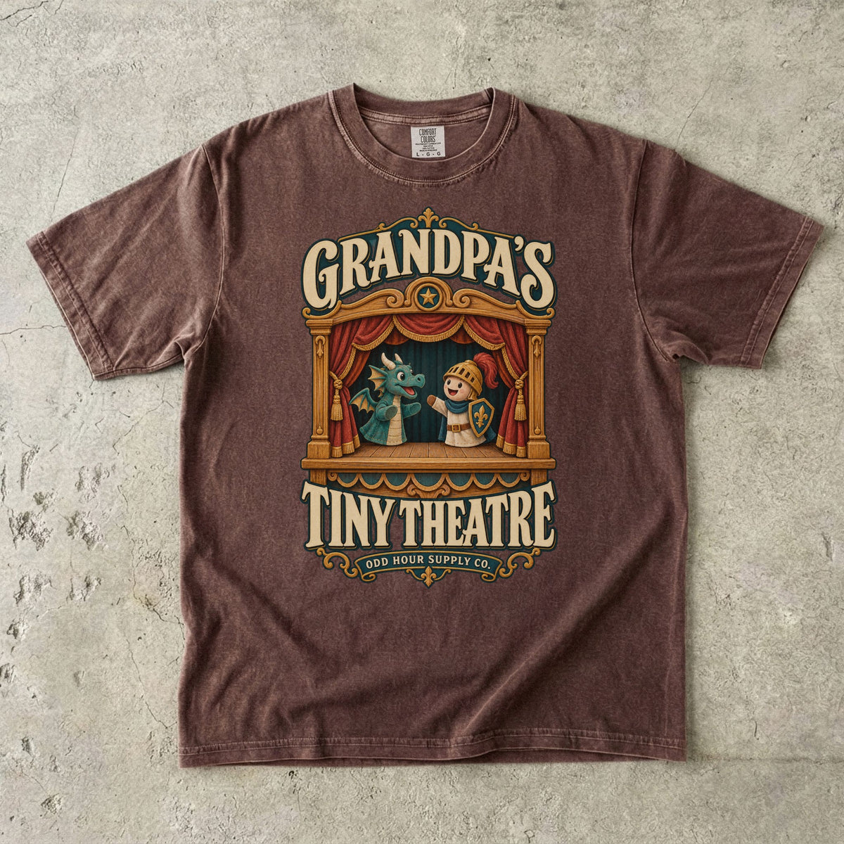 Espresso T-shirt with GRANDPA’S TINY THEATRE, a wooden puppet theatre, red curtains, a dragon and a knight by Odd Hour Supply Co.