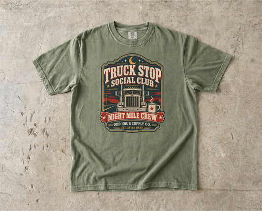 Truck Stop Social Club vintage badge T-shirt in Hemp, Comfort Colors 1717 front view