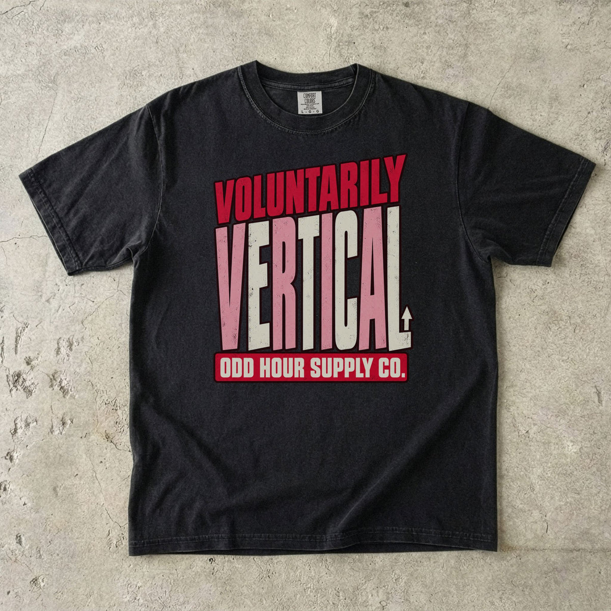 Black Comfort Colors 1717 T-shirt with the Voluntarily Vertical graphic, front view