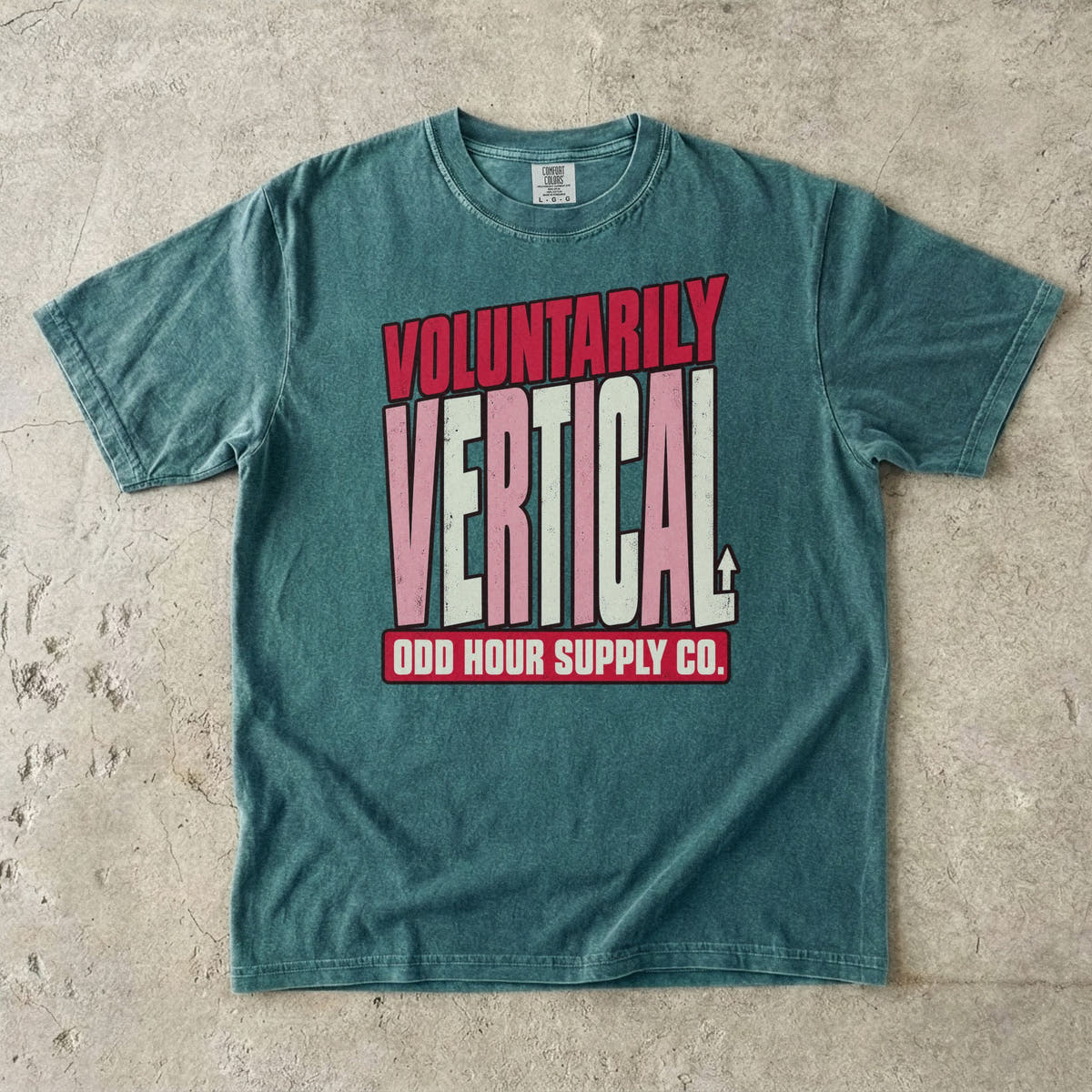 Blue Spruce Comfort Colors 1717 T-shirt with the Voluntarily Vertical graphic, front view