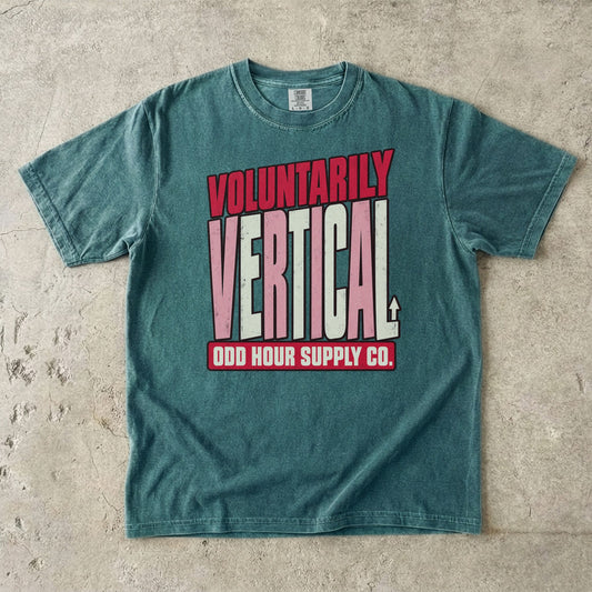 Blue Spruce Comfort Colors 1717 T-shirt with the Voluntarily Vertical graphic, front view