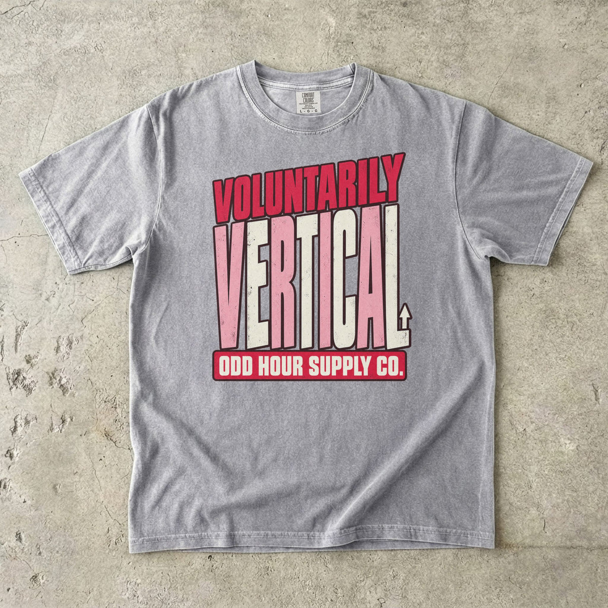 Grey Comfort Colors 1717 T-shirt with the Voluntarily Vertical graphic, front view
