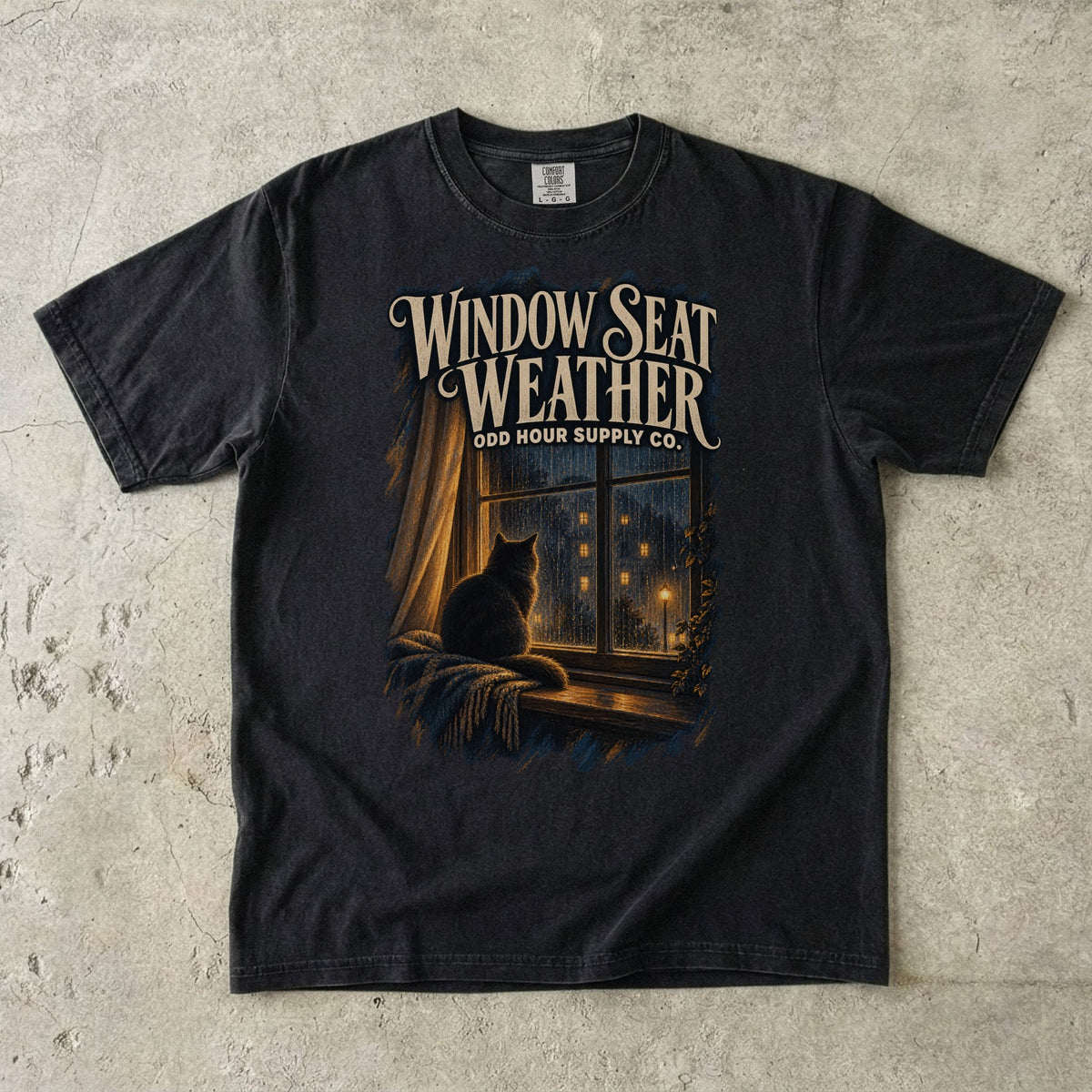 Black Comfort Colors 1717 T-shirt with the Window Seat Weather graphic, front view