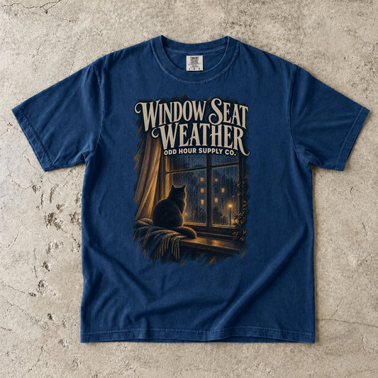 Navy Comfort Colors 1717 T-shirt with the Window Seat Weather graphic, front view