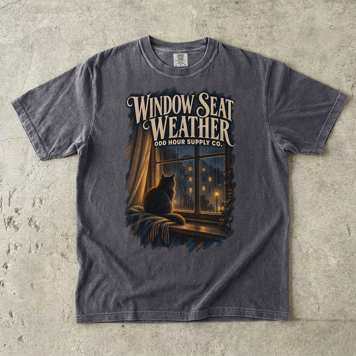 Pepper Comfort Colors 1717 T-shirt with the Window Seat Weather graphic, front view