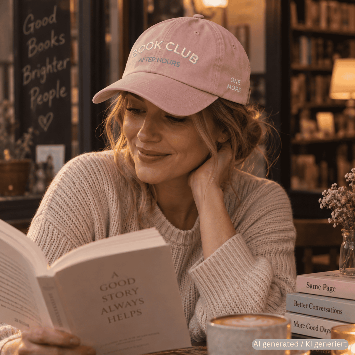 Person wearing dusty rose used-look baseball cap with BOOK CLUB embroidery