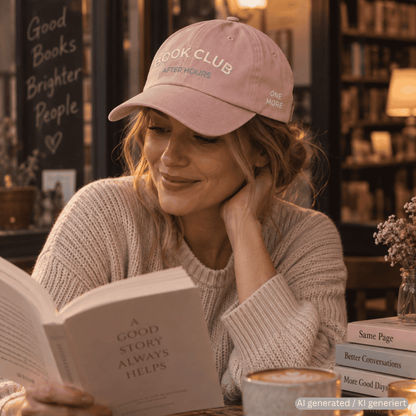 Person wearing dusty rose used-look baseball cap with BOOK CLUB embroidery