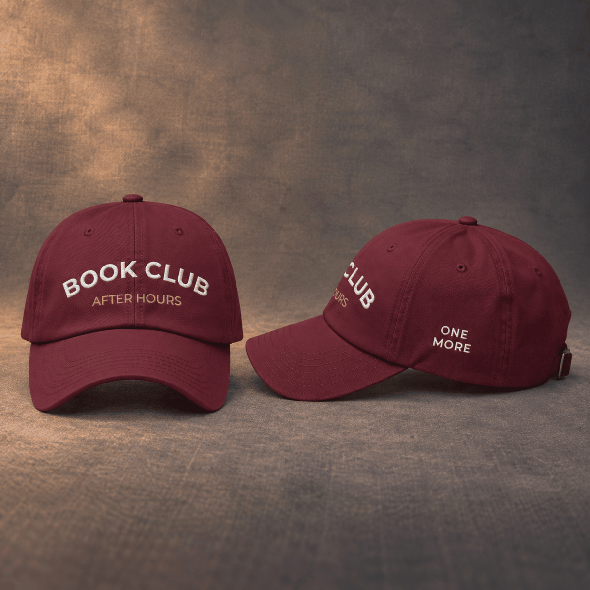 Maroon used-look baseball cap with BOOK CLUB embroidery, front and side view