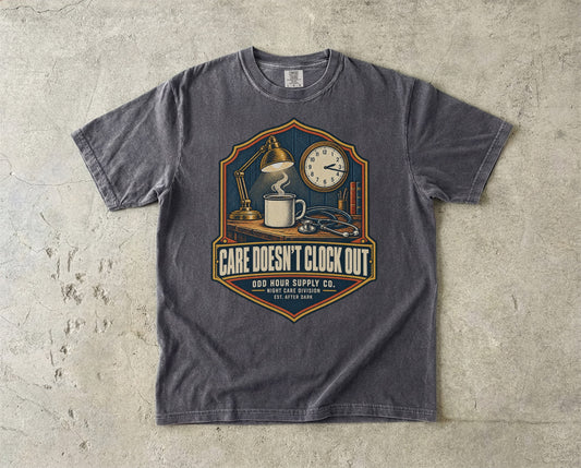 Care Doesn't Clock Out vintage badge T-shirt in Pepper, Comfort Colors 1717 front view