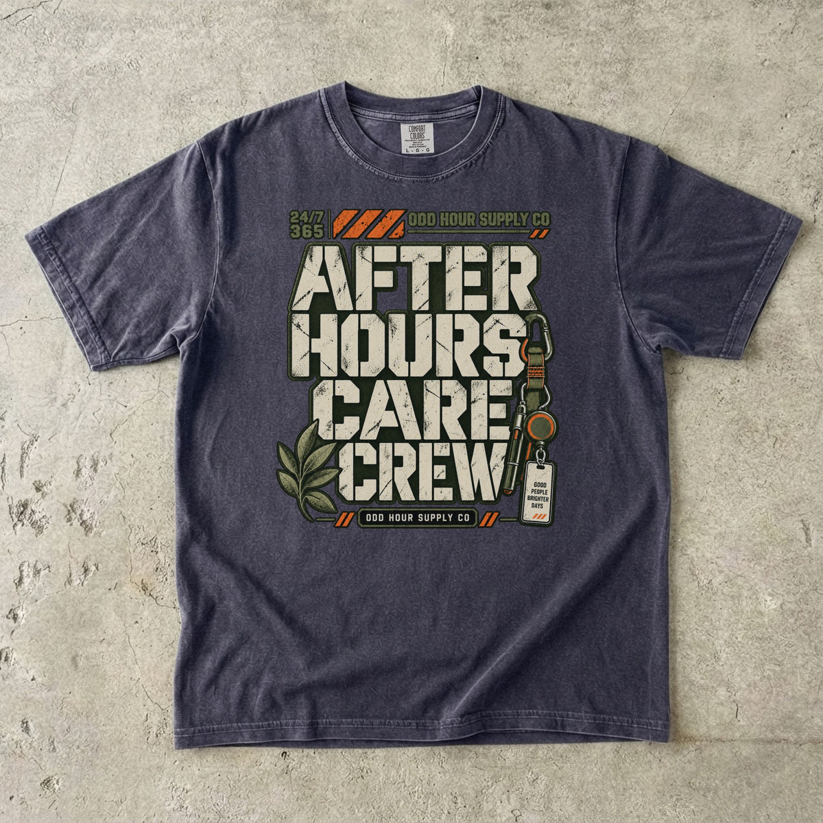 After Hours Care Crew utility graphic on a Graphite Comfort Colors 1717 T-shirt