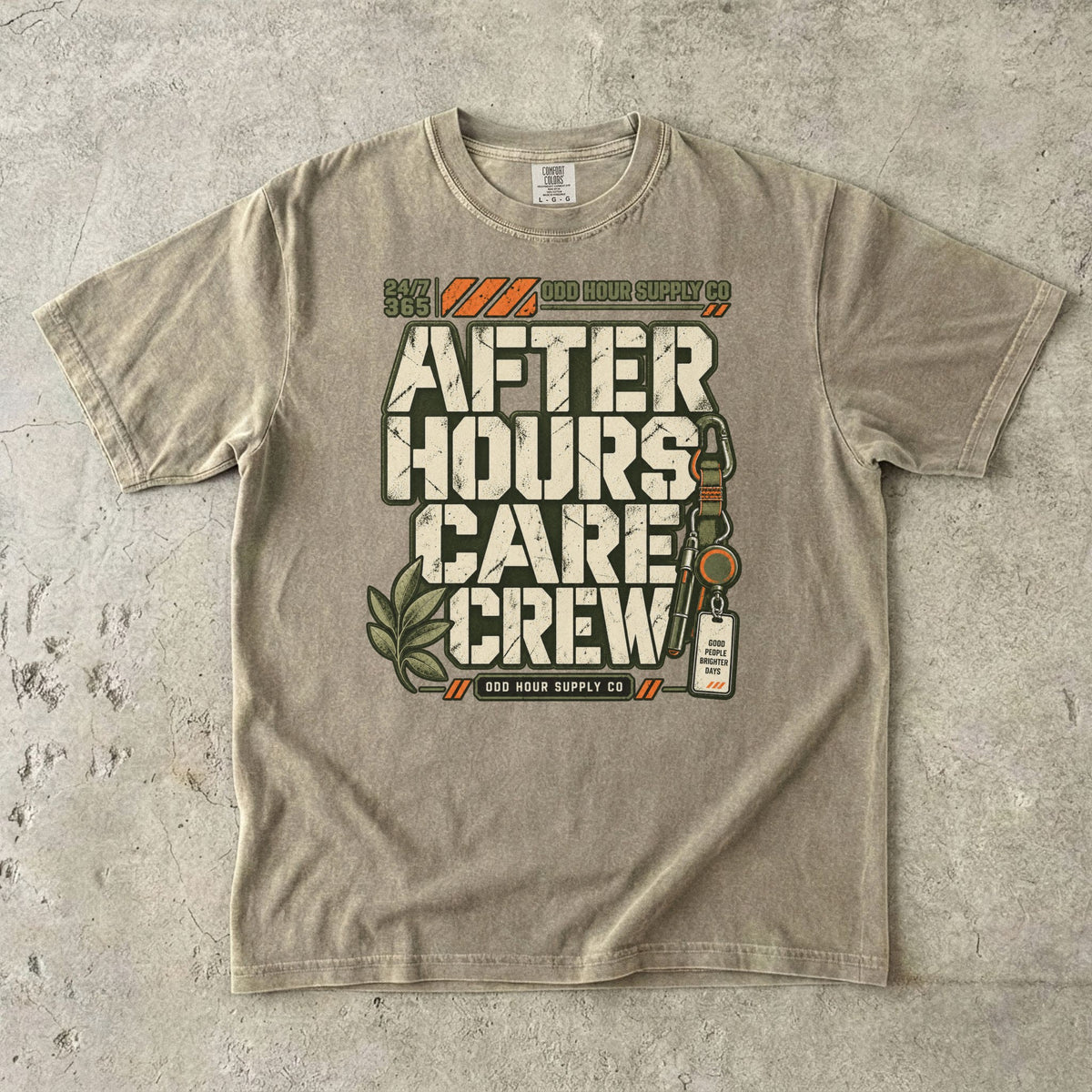 After Hours Care Crew utility graphic on a Khaki Comfort Colors 1717 T-shirt