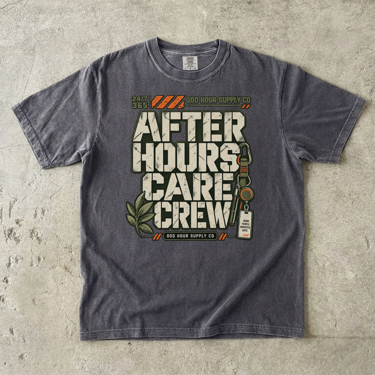 After Hours Care Crew utility graphic on a Pepper Comfort Colors 1717 T-shirt