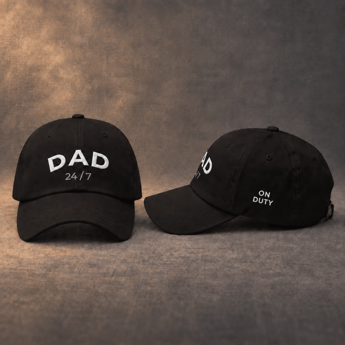 Black baseball cap with DAD 24/7 embroidery, front and side view