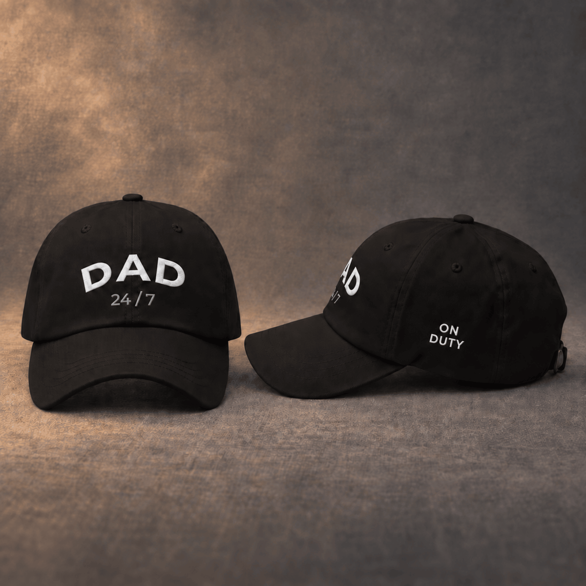 Black baseball cap with DAD 24/7 embroidery, front and side view