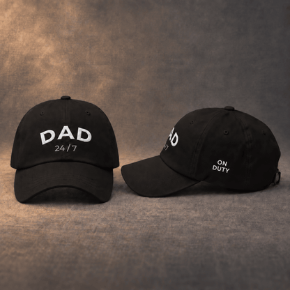 Black baseball cap with DAD 24/7 embroidery, front and side view