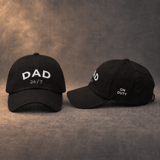 Black baseball cap with DAD 24/7 embroidery, front and side view