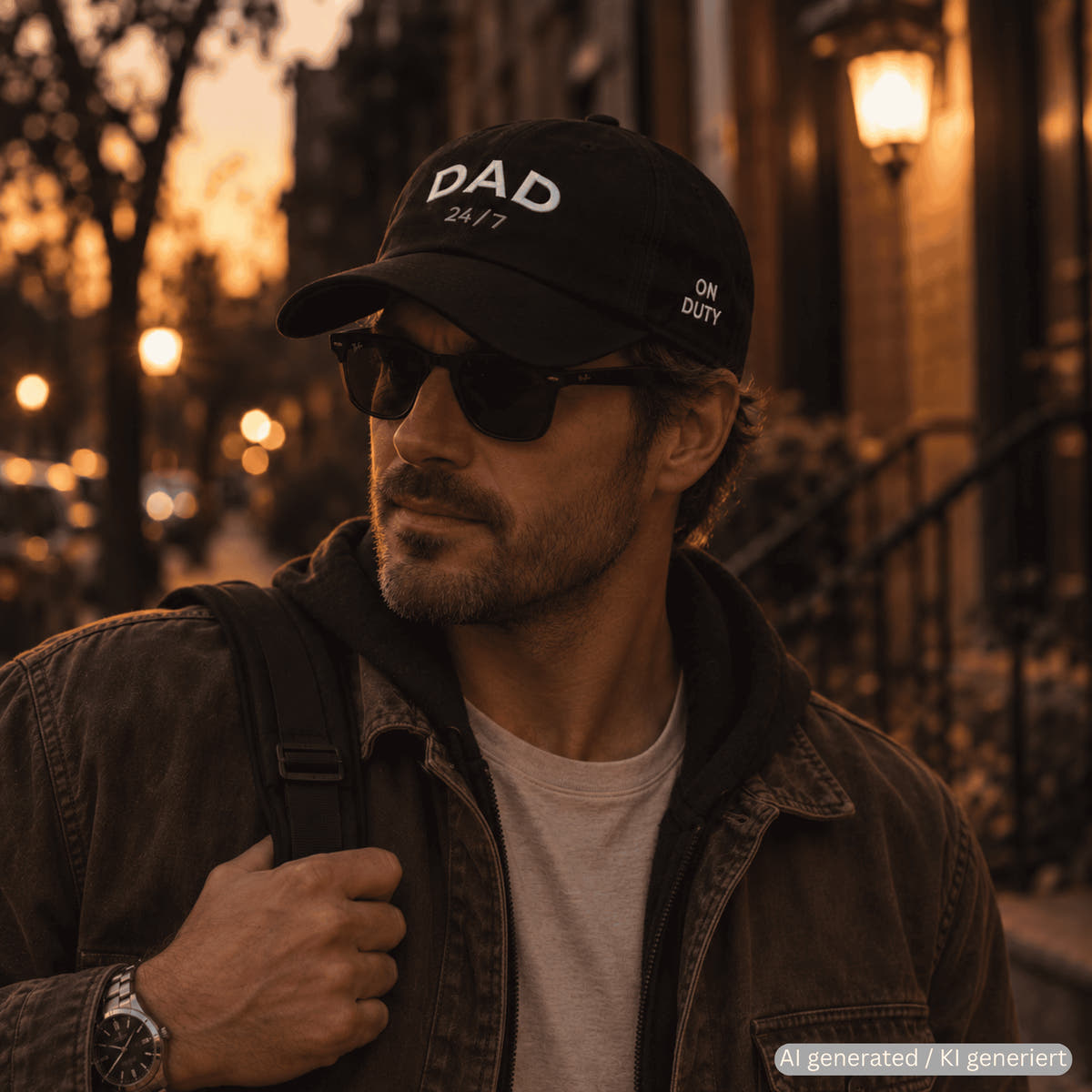 Person wearing black baseball cap with DAD 24/7 embroidery