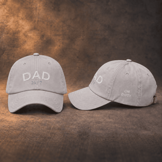 Grey used-look baseball cap with DAD 24/7 embroidery, front and side view