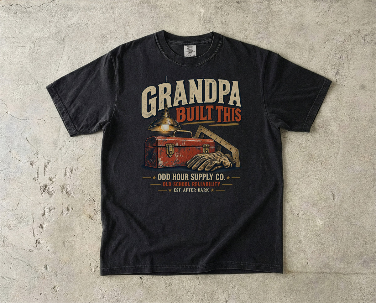 GRANDPA Built This vintage badge T-shirt in Black, Comfort Colors 1717 front view