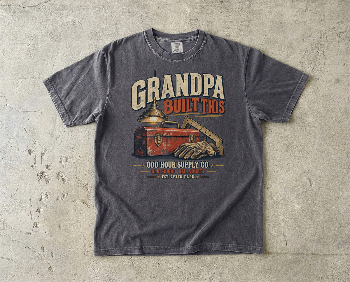 GRANDPA Built This vintage badge T-shirt in Pepper, Comfort Colors 1717 front view