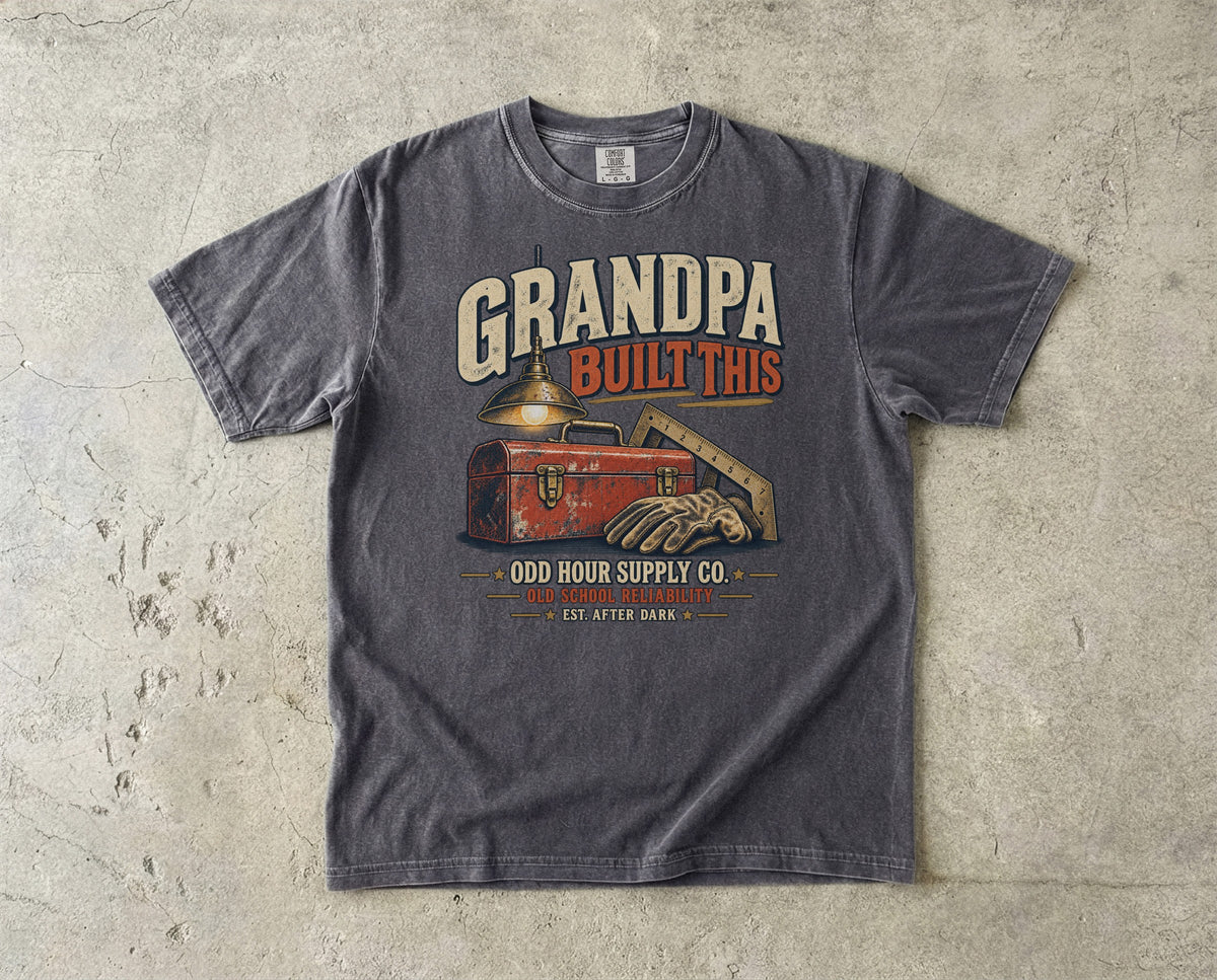 GRANDPA Built This vintage badge T-shirt in Pepper, Comfort Colors 1717 front view