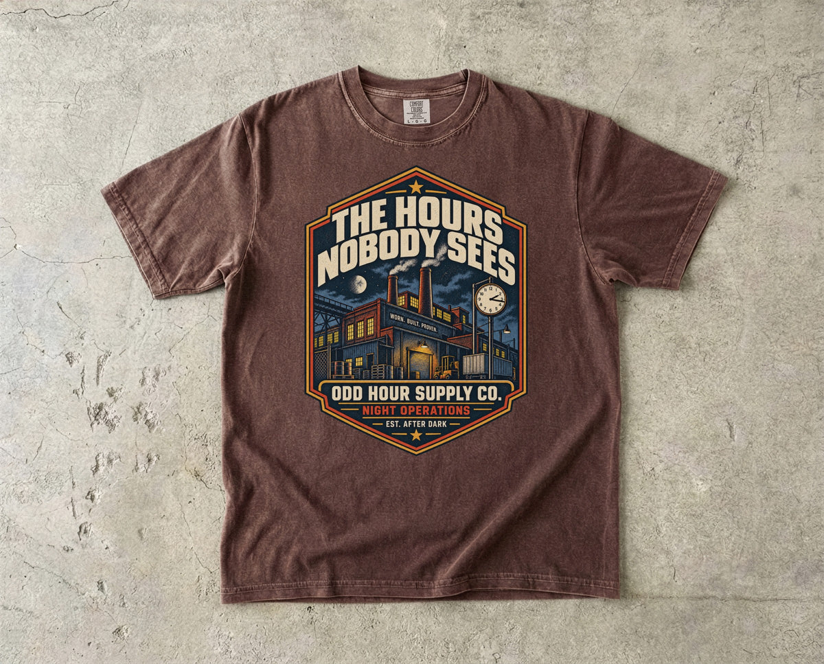 The Hours Nobody Sees vintage badge T-shirt in Espresso, Comfort Colors 1717 front view