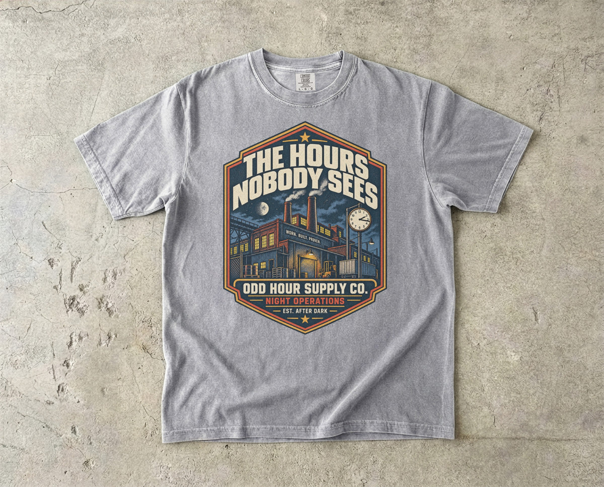 The Hours Nobody Sees vintage badge T-shirt in Grey, Comfort Colors 1717 front view