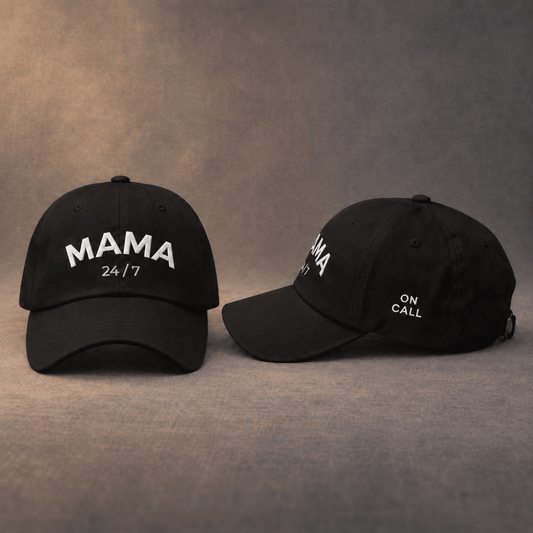 Black baseball cap with MAMA 24/7 embroidery, front and side view