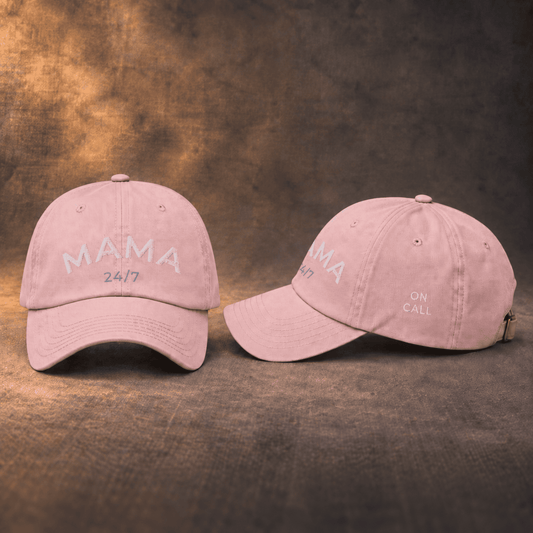 Dusty rose used-look baseball cap with MAMA 24/7 embroidery, front and side view