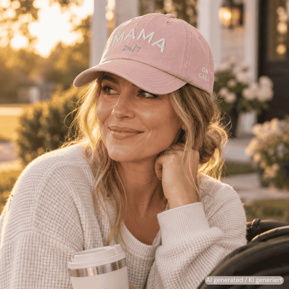 Person wearing dusty rose used-look baseball cap with MAMA 24/7 embroidery