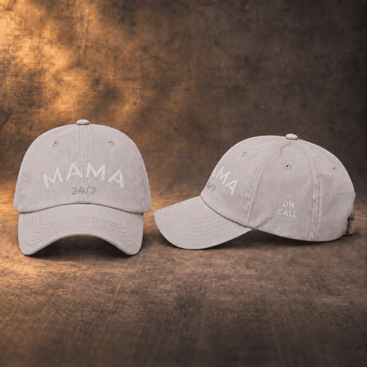 Grey used-look baseball cap with MAMA 24/7 embroidery, front and side view