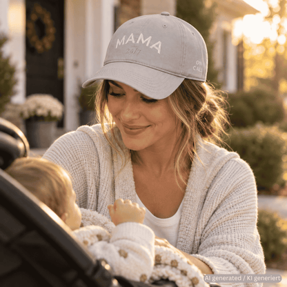 Person wearing grey used-look baseball cap with MAMA 24/7 embroidery