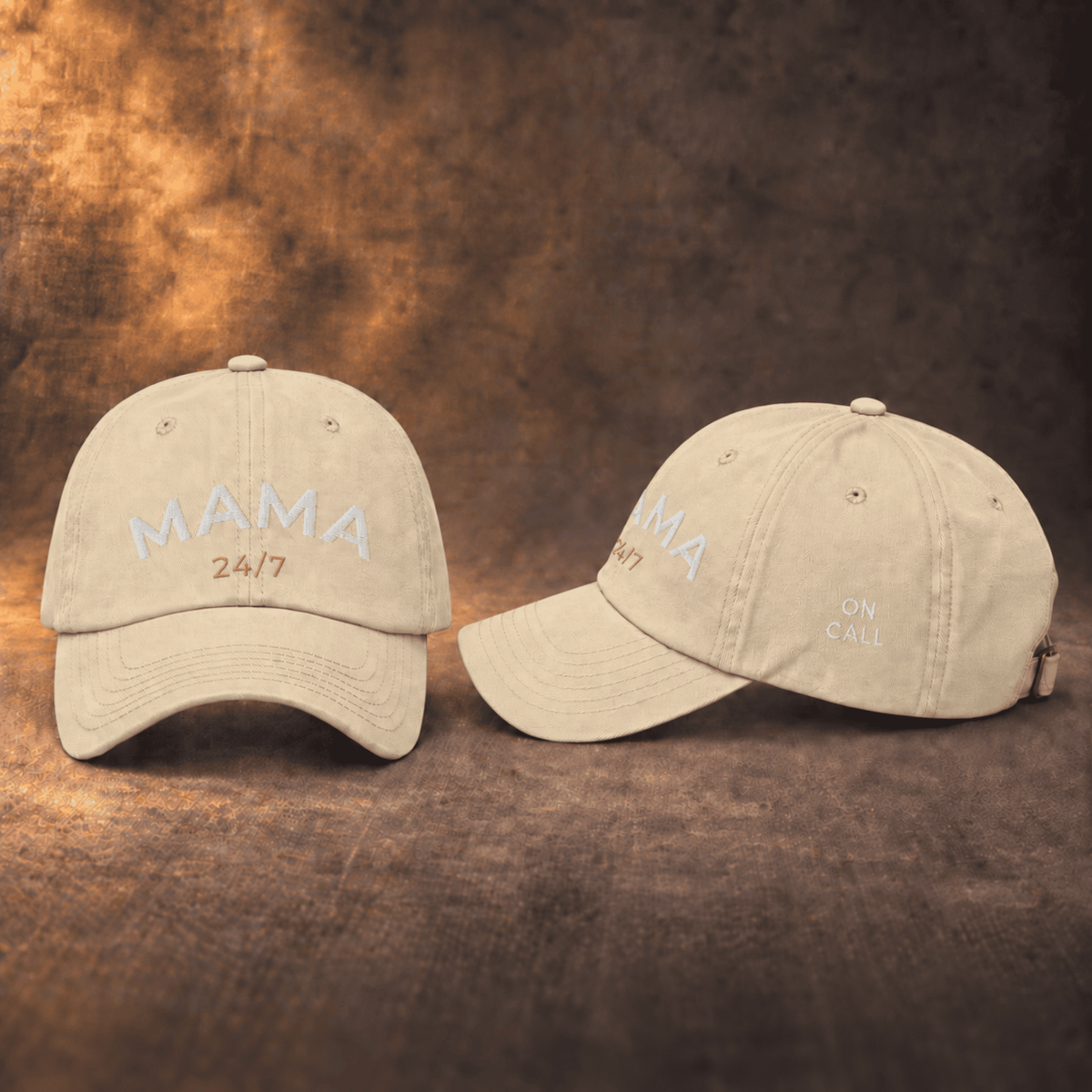 Khaki used-look baseball cap with MAMA 24/7 embroidery, front and side view