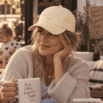 Person wearing khaki used-look baseball cap with MAMA 24/7 embroidery