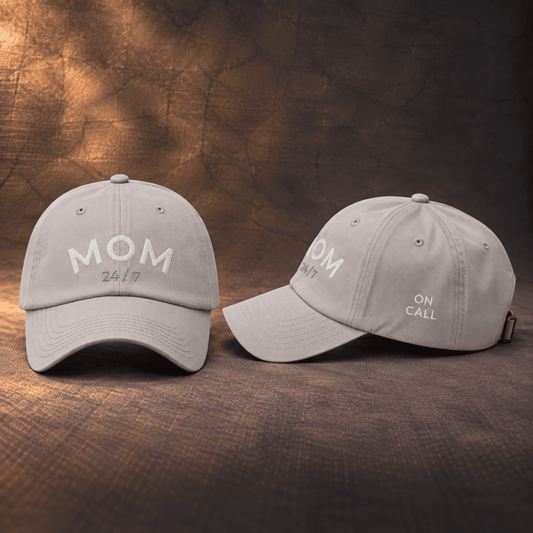 Grey used-look baseball cap with MOM 24/7 embroidery, front and side view