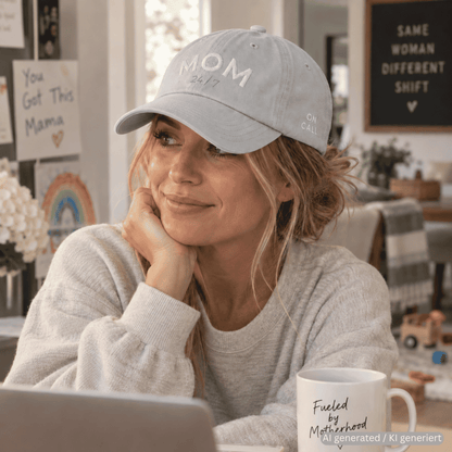Person wearing grey used-look baseball cap with MOM 24/7 embroidery
