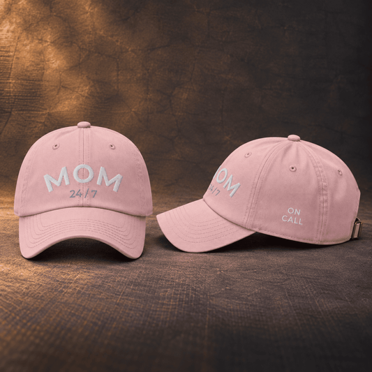Dusty rose used-look baseball cap with MOM 24/7 embroidery, front and side view