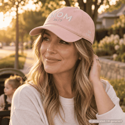 Person wearing dusty rose used-look baseball cap with MOM 24/7 embroidery