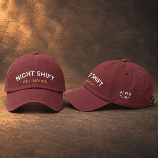 Maroon used-look baseball cap with NIGHT SHIFT embroidery, front and side view