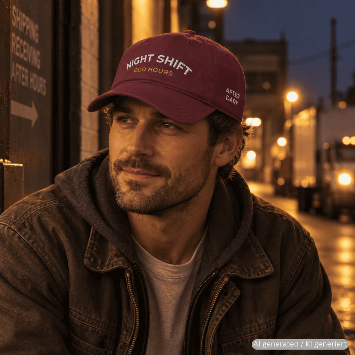 Person wearing maroon used-look baseball cap with NIGHT SHIFT embroidery
