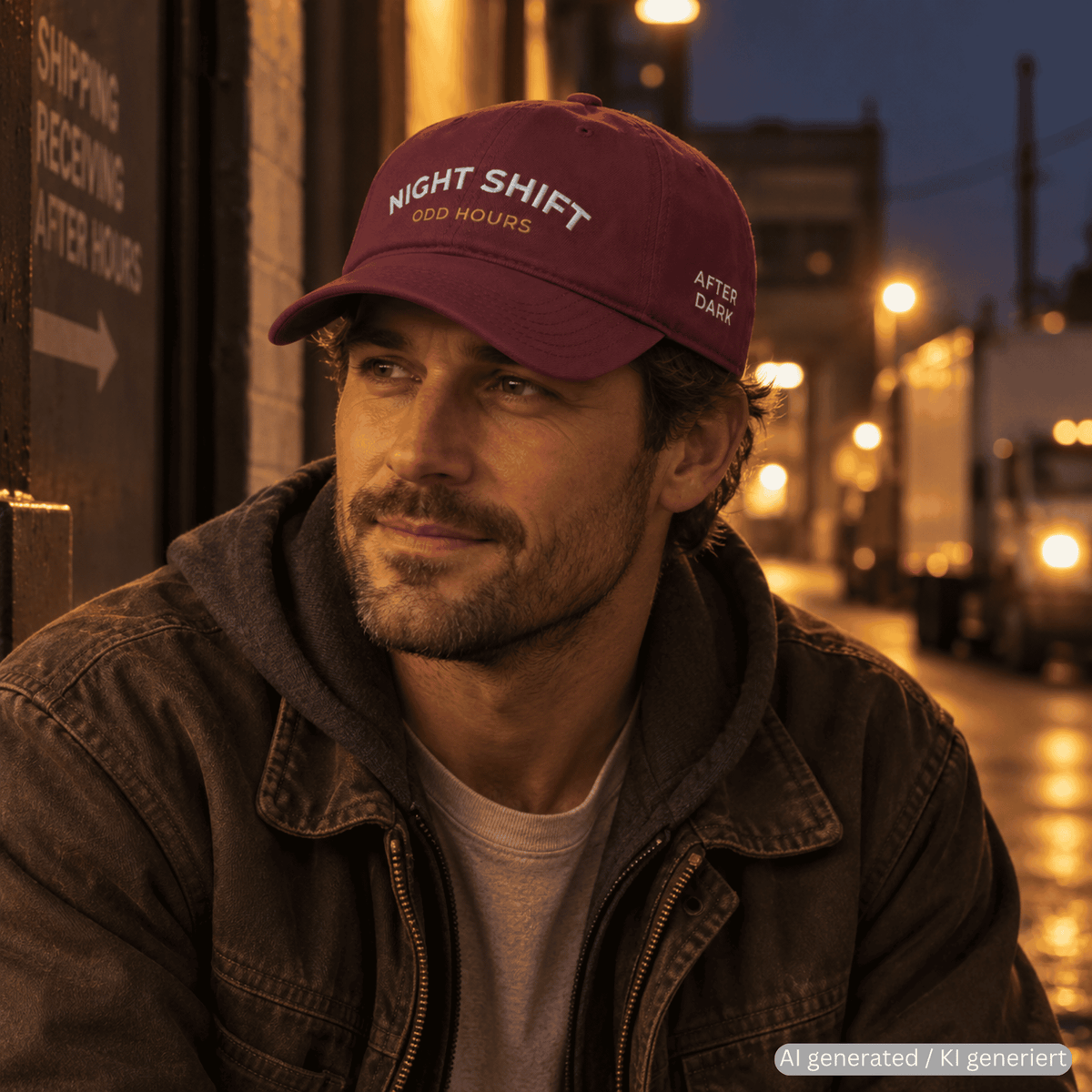 Person wearing maroon used-look baseball cap with NIGHT SHIFT embroidery