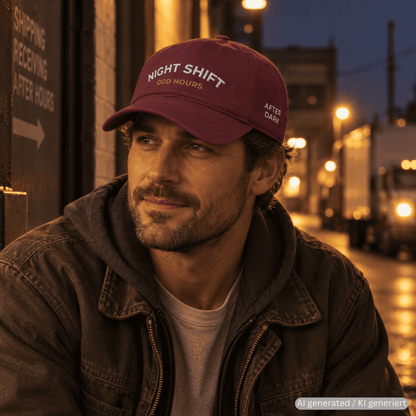 Person wearing maroon used-look baseball cap with NIGHT SHIFT embroidery