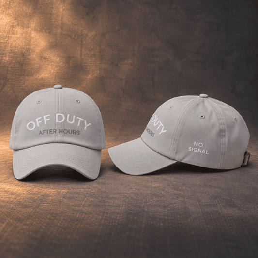 Grey used-look baseball cap with OFF DUTY embroidery, front and side view