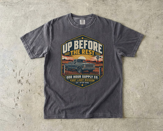 Up Before The Rest vintage badge T-shirt in Pepper, Comfort Colors 1717 front view